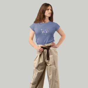 Women's Floral Heart Graphic T-Shirt | Dusty Blue Regular Fit Cotton Tee | Cottagecore Style