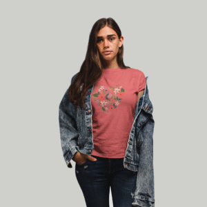 Women's Floral Heart Graphic T-Shirt | Coral Pink Regular Fit Cotton Tee | Cottagecore Style