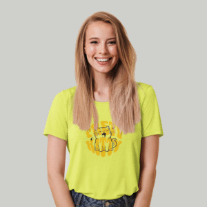 Women's Happy Cat Graphic T-Shirt | Neon Yellow Regular Fit Cotton Tee | Cute Animal Top