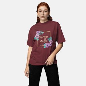 Winter Is Magic Maroon Floral Graphic T-Shirt for Women