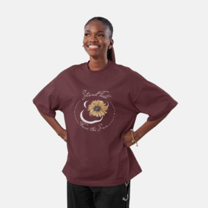 Women’s Maroon Oversized Graphic T-Shirt – “Stand Tall, Face the Sun” Sunflower Print Tee