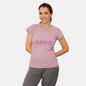 Women’s Light Pink Graphic T-Shirt – Elegant “LOVE” Floral Print Tee